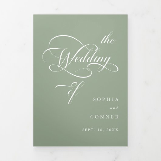 Delikate, elegante Script Wedding Sage Green Dreifach Gefaltete Einladung (Cover)