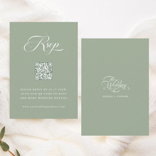 Delikate, elegante Script Wedding Sage Green RSVP Karte
