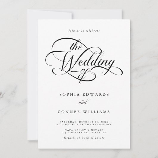 Delikate, elegante Skripte Hochzeit in einem Einladung (Vorderseite)