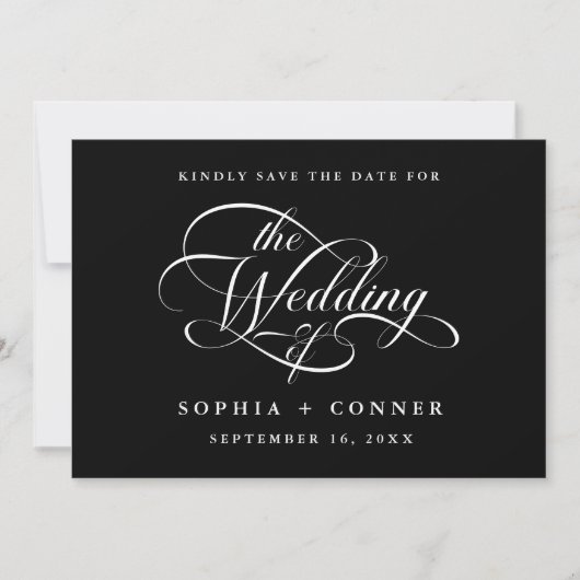 Delikate, elegante Skriptschrift Wedding Foto Blac Save The Date (Vorderseite)