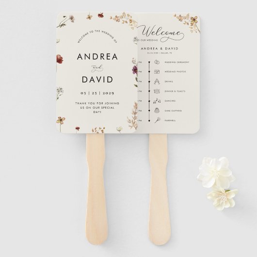 Delikate Elfenbein-Wildblumen Script Wedding Timel Fächer (Vorne und Hinten)