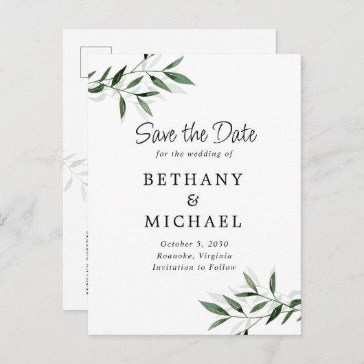 Delikate Eukalyptus-Blätter, die das Datum speiche Ankündigungspostkarte (Vorne/Hinten)