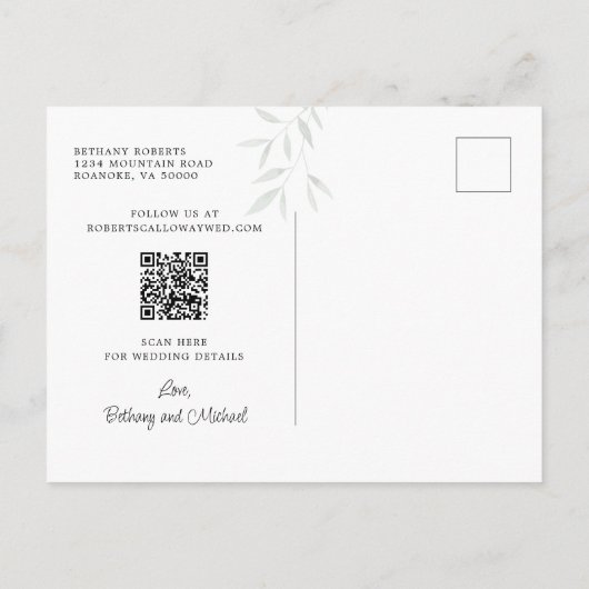 Delikate Eukalyptus-Blätter, die das Datum speiche Ankündigungspostkarte (Rückseite)