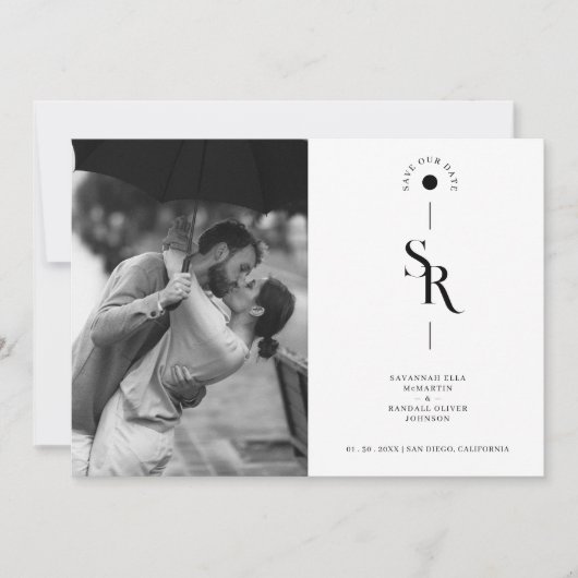 Delikate, exquisite Schwarz-Weiß-Hochzeitsinitiale Save The Date (Vorderseite)