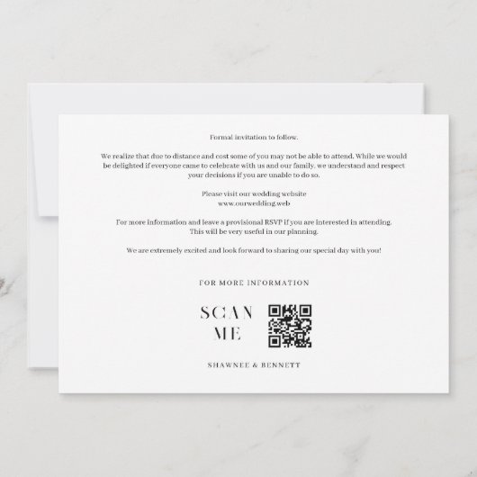 Delikate, exquisite Schwarz-Weiß-Hochzeitsinitiale Save The Date (Rückseite)