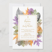 Delikate Fall Foliage Gold Script Neutrale Taufe Einladung (Vorderseite)