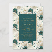 Delikate, florale Ivory Aquamarin Gold Wedding Einladung (Vorderseite)