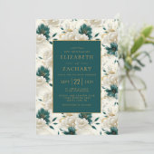 Delikate, florale Ivory Aquamarin Gold Wedding Einladung (Stehend Vorderseite)
