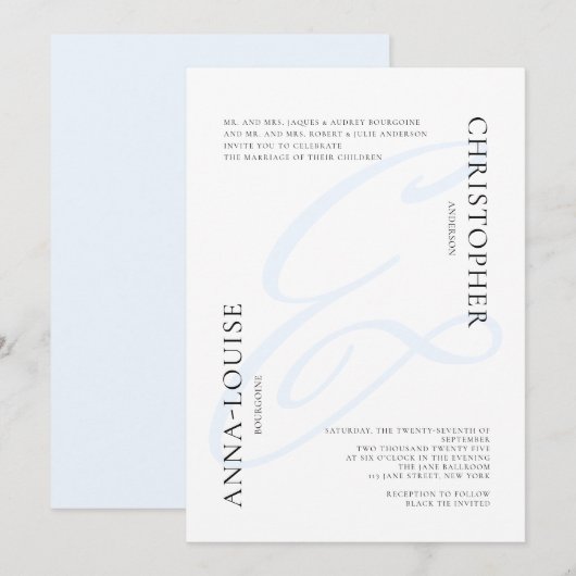 Delikate formale blaue Kalligraphie Ampere und Hoc Einladung (Vorne/Hinten)