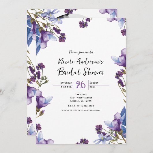 Delikate Frühlingsblumen Lila Brautparty Einladung (Vorne/Hinten)