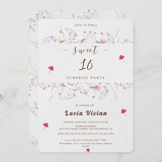 Delikate Frühlingssonne Wildblume Sweet 16 Überras Einladung (Vorne/Hinten)