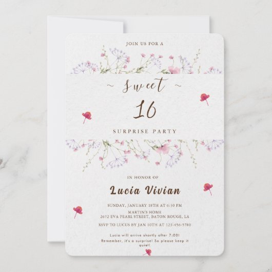 Delikate Frühlingssonne Wildblume Sweet 16 Überras Einladung (Vorderseite)