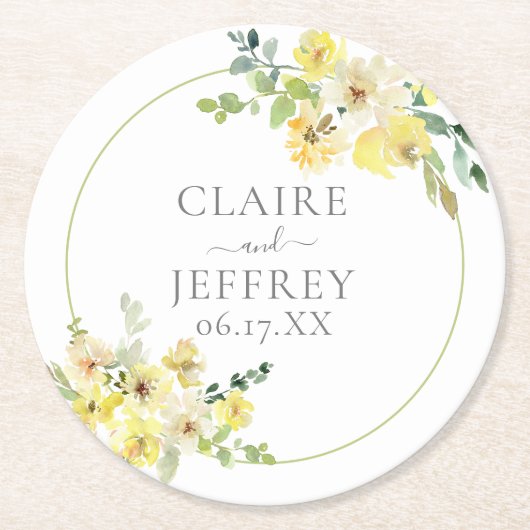 Delikate gelbe Blumenzange Grüne Sommerhochzeit Runder Pappuntersetzer (Vorderseite)