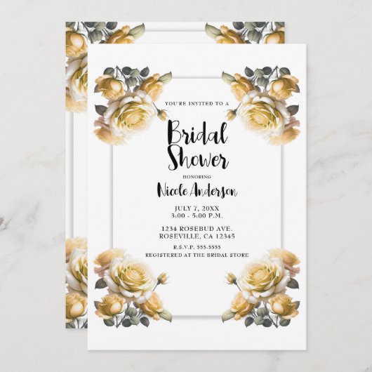 Delikate Gelbe Rosen Shabby Dusche Einladung (Vorne/Hinten)