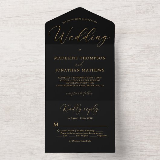 Delikate Gold Black Minimal Calligrafy Wedding All In One Einladung (Innen Boden)