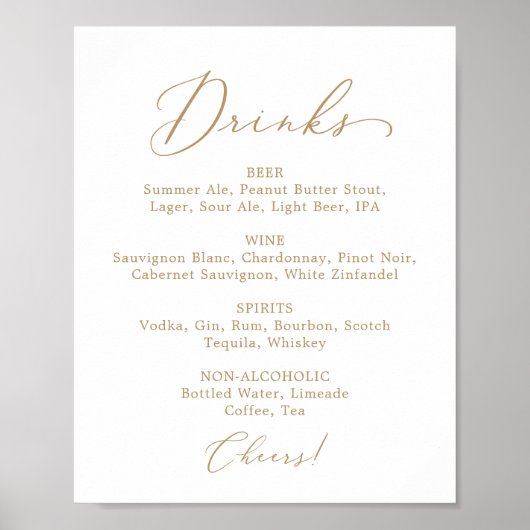 Delikate Gold Calligrafy Wedding Drink Menu Sign Poster (Vorne)