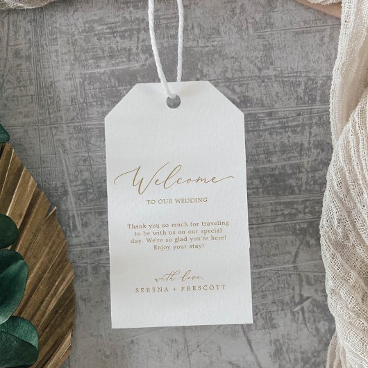 Delikate Gold Calligraphy Wedding Willkommen Geschenkanhänger