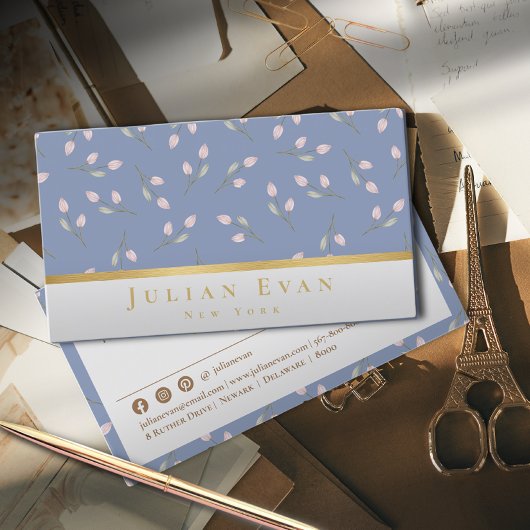 Delikate Gold Floral Dusty Blue Business Card Visitenkarte