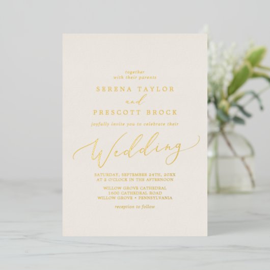 Delikate Gold Foil Calligrafy | Elfenbeinhochzeit Folieneinladung (Stehend vorne)