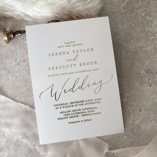 Delikate Gold Foil Calligrafy | Elfenbeinhochzeit Folieneinladung