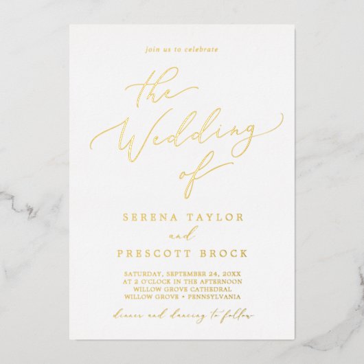 Delikate Gold Foil Calligrafy The Wedding of Folieneinladung (Vorderseite)