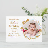 Delikate Gold Spash Foto Baby Erstgeburt Einladung (Stehend Vorderseite)