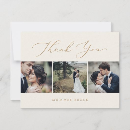 Delikate Gold- und Creme-3-Fotovorlage Dankeskarte (Vorderseite)