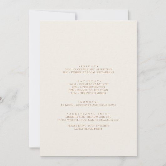 Delikate Gold und Creme Bachelorette Wochenende Einladung (Rückseite)