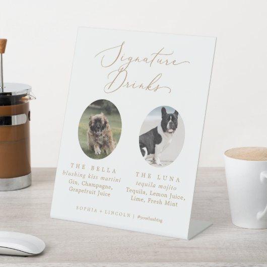 Delikate Gold Wedding Hund Foto Signature Drinks Sockelschild (In SItu)