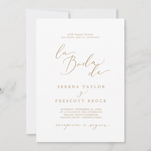 Delikate Goldkalligrafie La Boda De Wedding Einladung (Vorderseite)