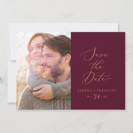 Delikate Goldkalligraphie | Burgund-Foto Save The Date (Vorderseite)