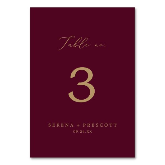 Delikate Goldkalligraphie | Burgund Tabelle Nr. Tischnummer (Vorderseite)