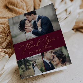 Delikate Goldkalligraphie Burgundi 3 Foto Collage Dankeskarte