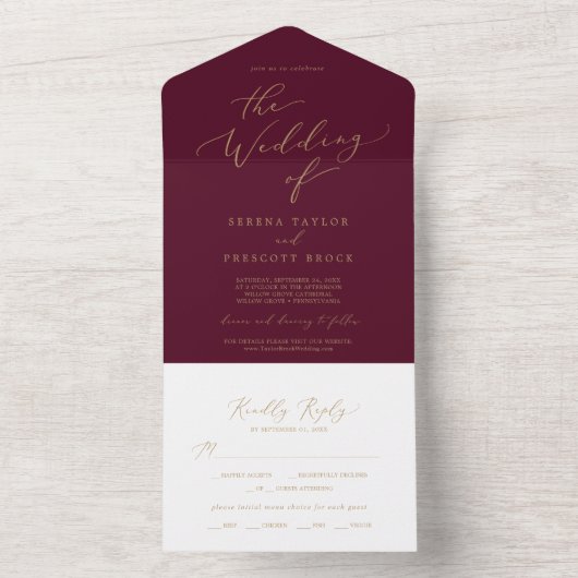 Delikate Goldkalligraphie | Burgundy Wedding All In One Einladung (Innen Boden)