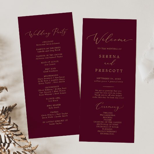 Delikate Goldkalligraphie | Burgundy Wedding Programm