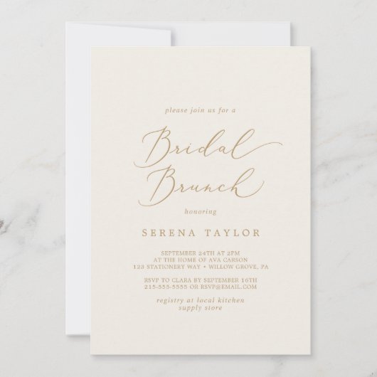 Delikate Goldkalligraphie | Cream Bridal Brunch Einladung (Vorderseite)