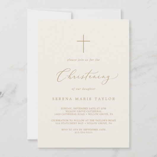 Delikate Goldkalligraphie Cream Cross Christening Einladung (Vorderseite)