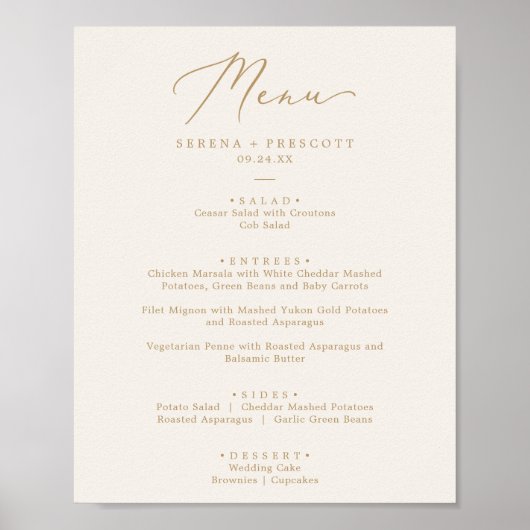 Delikate Goldkalligraphie | Cream Wedding Menu Poster (Vorne)