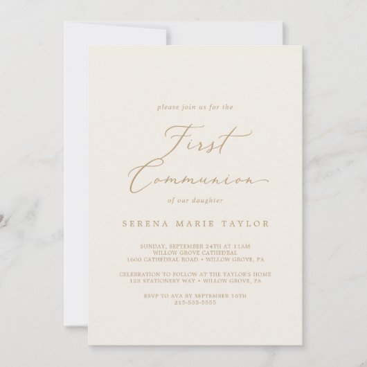 Delikate Goldkalligraphie | Creme First Communatio Einladung (Vorderseite)