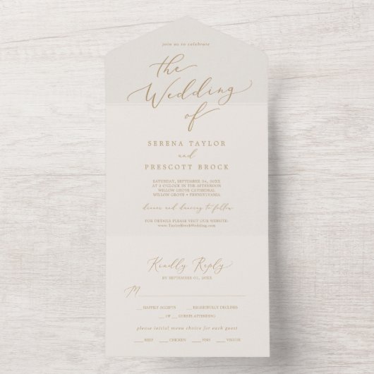 Delikate Goldkalligraphie | CremeWedding All In One Einladung (Innen Boden)