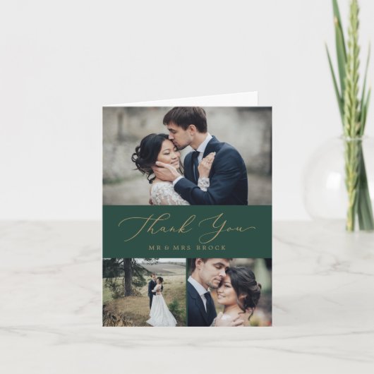 Delikate Goldkalligraphie | Green 3 Foto Collage Dankeskarte (Vorderseite)