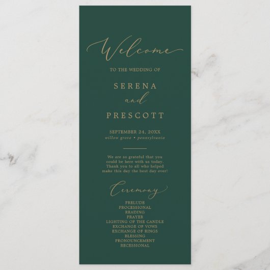 Delikate Goldkalligraphie | Grüne Hochzeiten Programm (Vorderseite)