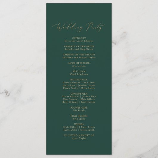 Delikate Goldkalligraphie | Grüne Hochzeiten Programm (Rückseite)