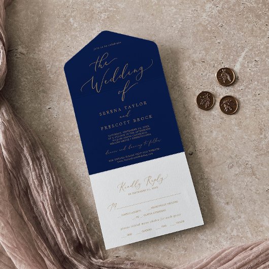 Delikate Goldkalligraphie | Hochzeit der Marine All In One Einladung