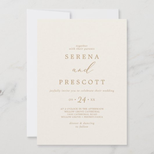 Delikate Goldkalligraphie | Lässige Hochzeit mit C Einladung (Vorderseite)