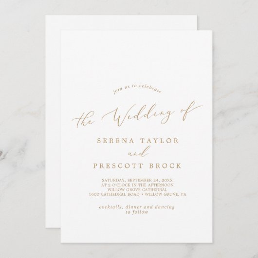 Delikate Goldkalligraphie-Monogram-Back-Hochzeit Einladung (Vorne/Hinten)