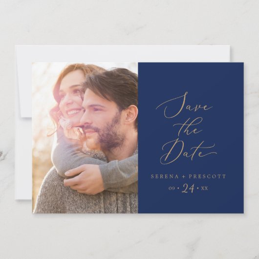 Delikate Goldkalligraphie | Navy Foto Save The Date (Vorderseite)