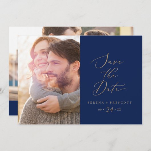Delikate Goldkalligraphie | Navy Foto Save The Date (Vorne/Hinten)
