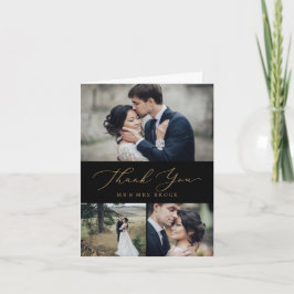 Delikate Goldkalligraphie | Schwarze 3 FotoCollage Dankeskarte