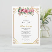 Delikate Goldrahmen Rosen Katholische Taufe Einladung (Stehend Vorderseite)